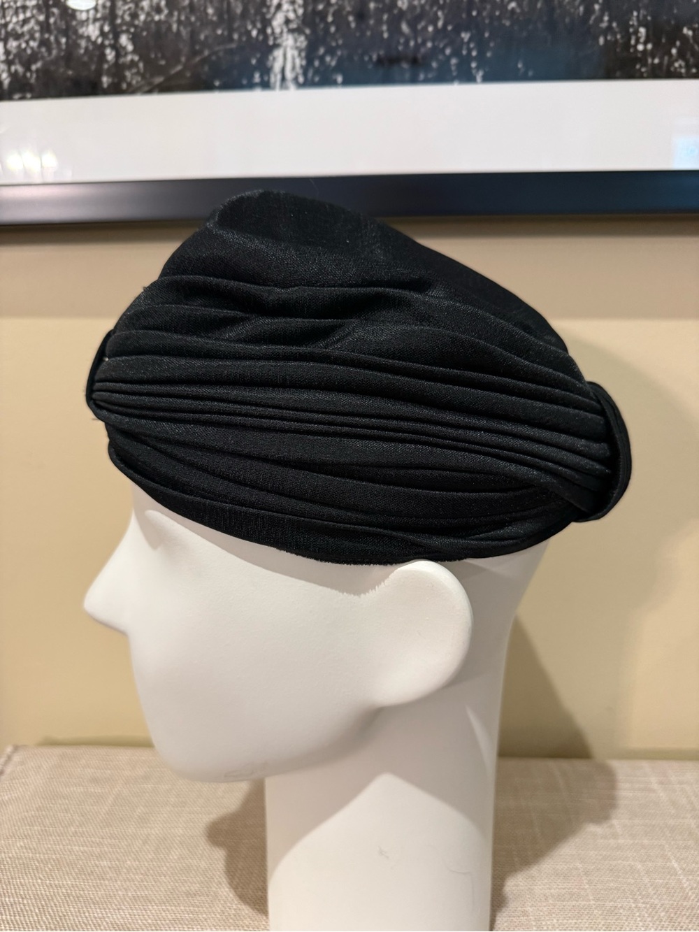Vintage Black Pleated Turban Hat Retro Hollywood Glamour Chic Headwear